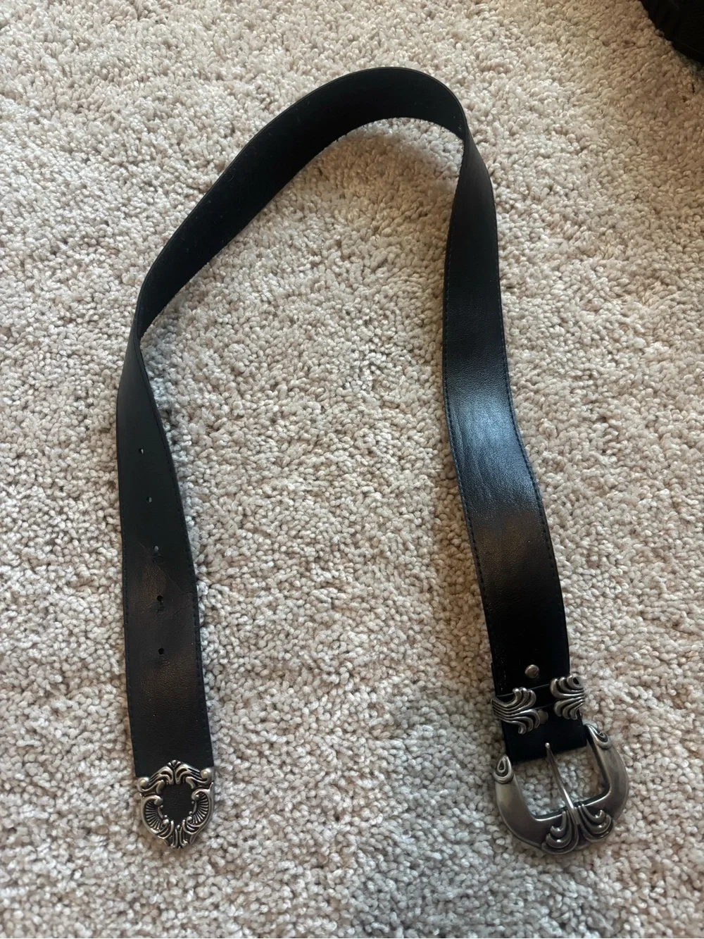 Vintage Black Leather Western 3 Piece Buckle Set Belt Silvertone Engraved 30